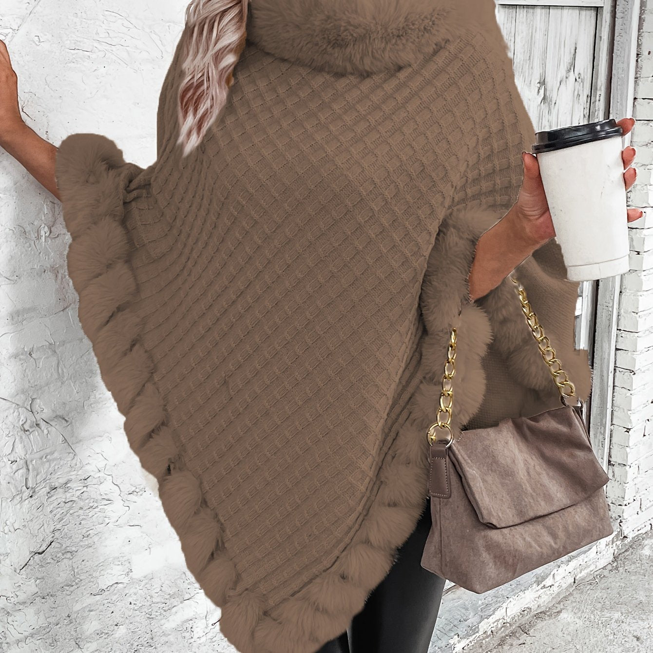 Comfortable Faux Fur Trim Poncho for Women with Turtleneck Batwing Sleeve Asymmetric Oversized Knit Style