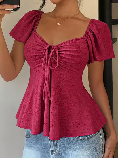 Elegant Eyelet Going Out Top for Women with Sweetheart Neck Flutter Sleeve Ruched Peplum Style