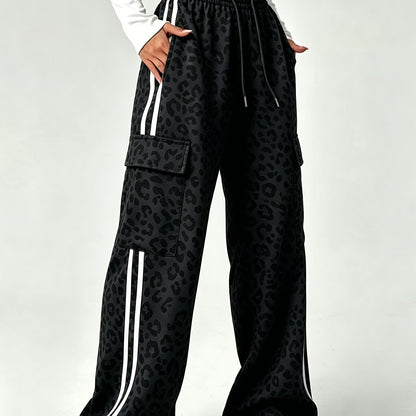 Effortless Leopard Print Cargo Pants for Women with High Waist Drawstring Wide Leg Relaxed Style