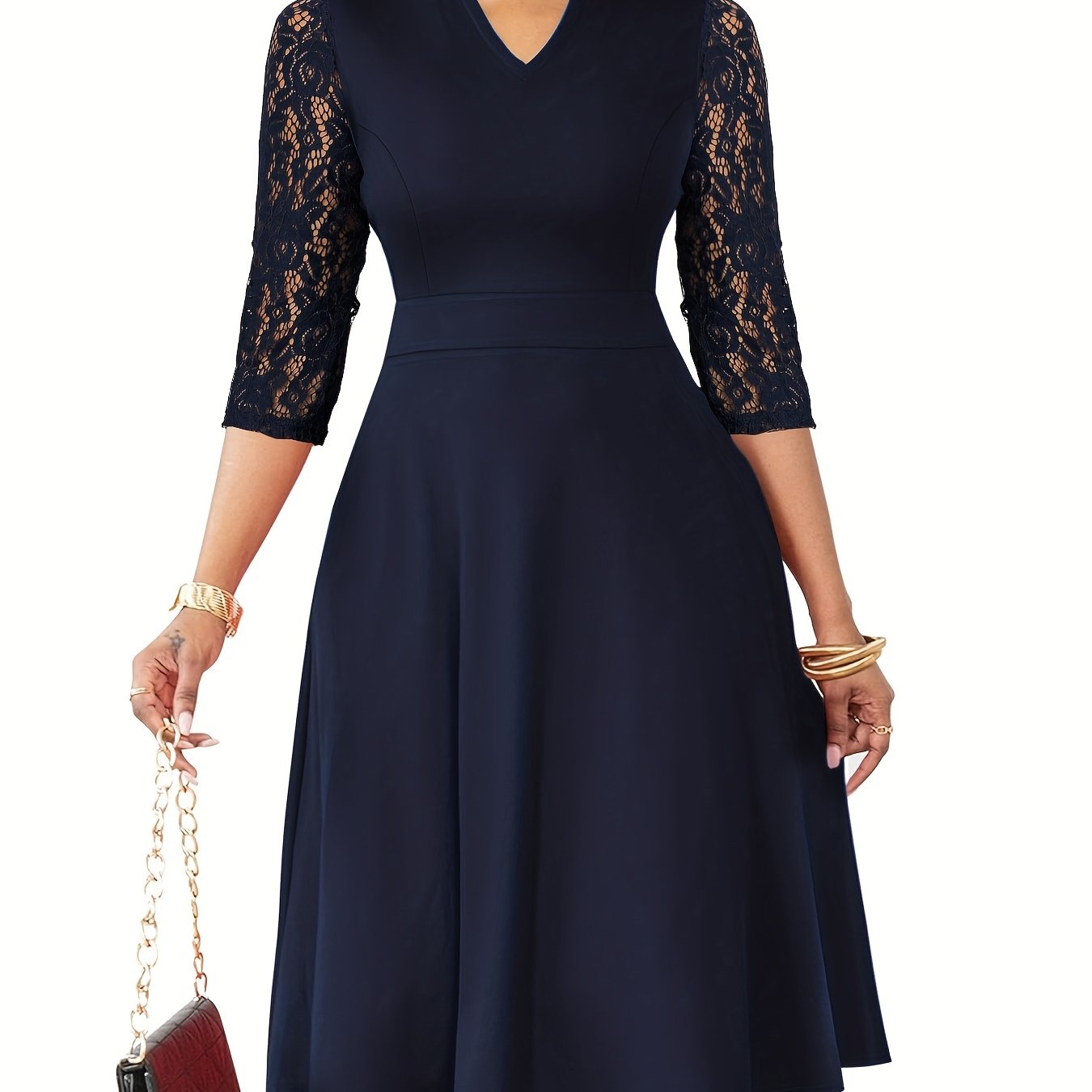 Elegant Lace Christmas Party Dress for Women with Notched Neck Three Quarter Sleeve Fit Flare Cocktail Style