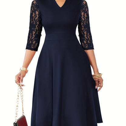 Elegant Lace Christmas Party Dress for Women with Notched Neck Three Quarter Sleeve Fit Flare Cocktail Style