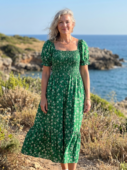Effortless Floral Midi Dress for Women with Square Neck Puff Sleeve Smocked Bodice A Line Casual Style