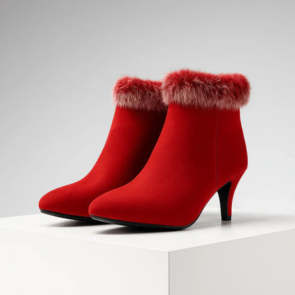 Chic Suede Fur Boots for Women with Pointed Toe Kitten Heel Cozy Winter Style