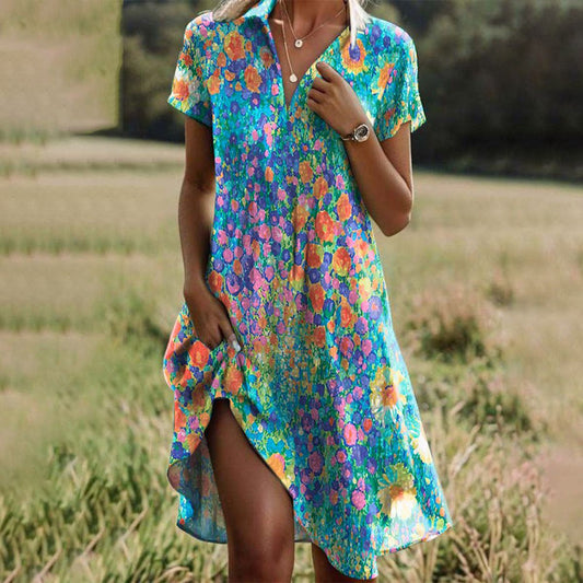 Effortless Floral Midi Dress for Women with V Neck Short Sleeve Side Slit Bohemian Style