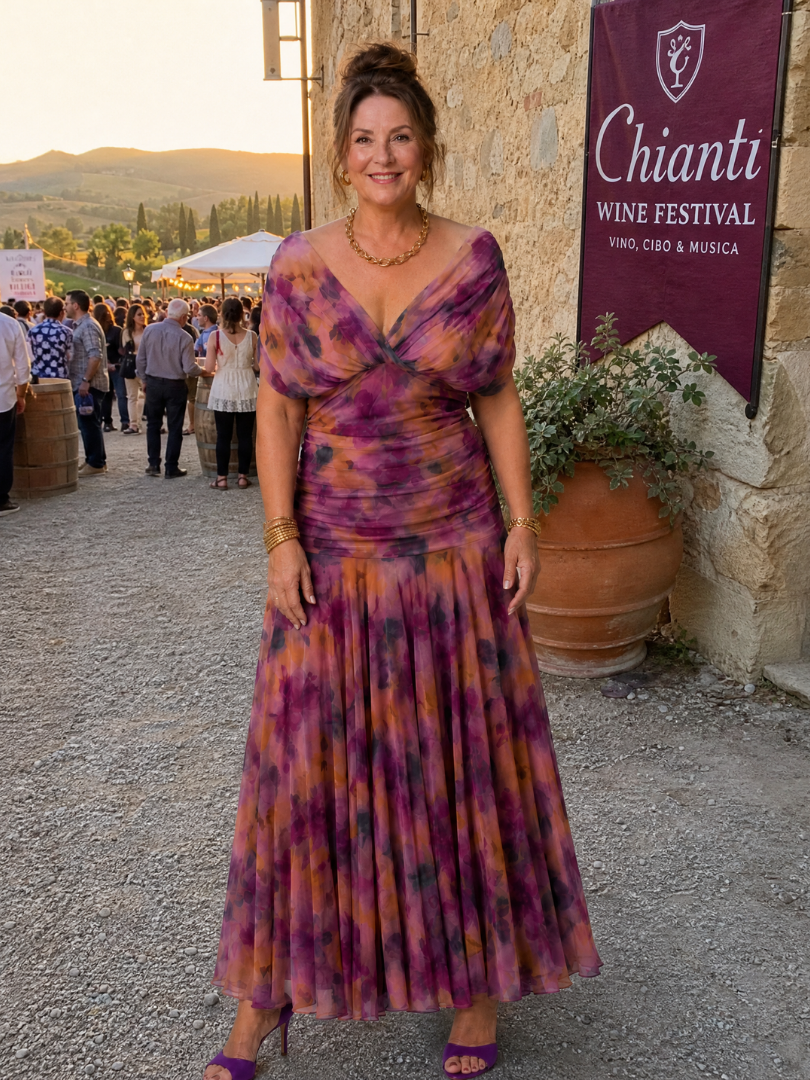 Elegant Purple Dress for Women with V Neck Flutter Sleeve Floral Ruched Maxi Wedding Guest Style