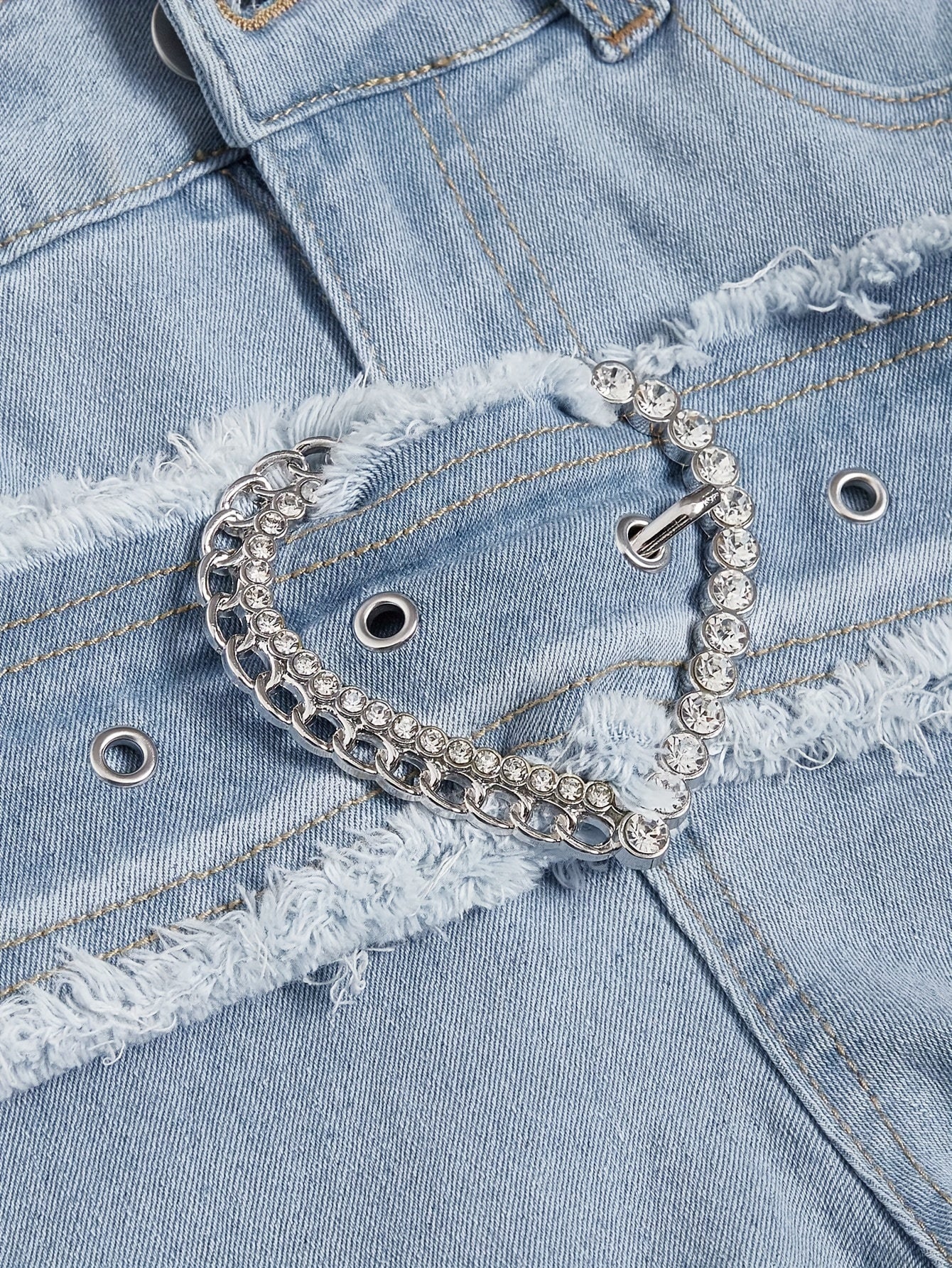 Elegant Light Blue Denim Flare Jeans for Women with Heart Buckle Frayed Belt Western Style