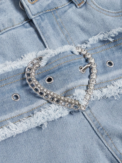 Elegant Light Blue Denim Flare Jeans for Women with Heart Buckle Frayed Belt Western Style
