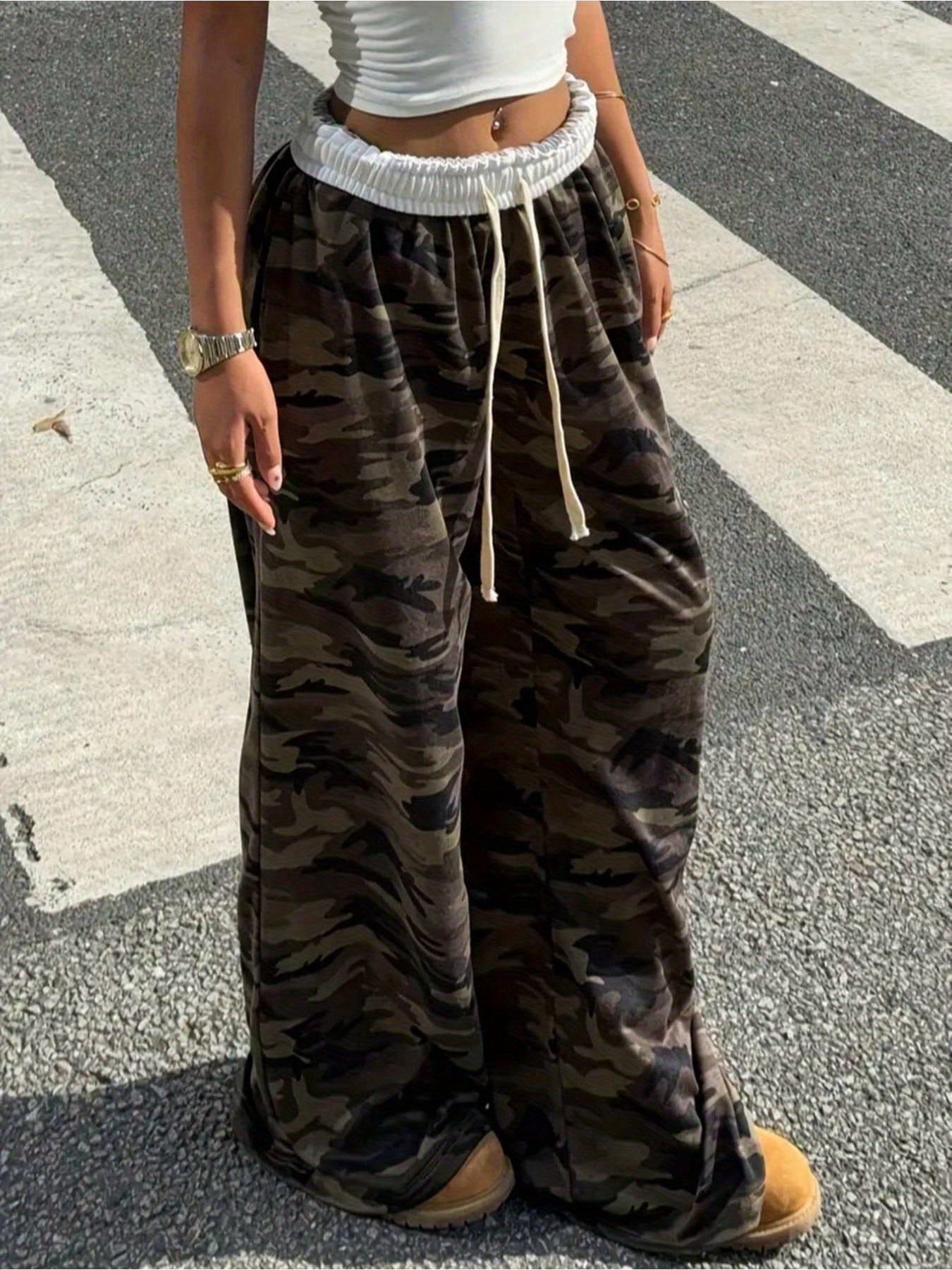 Effortless Army Green Camo Pants for Women with High Waist Drawstring Wide Leg Relaxed Casual Style