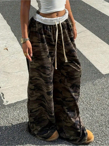 Effortless Army Green Camo Pants for Women with High Waist Drawstring Wide Leg Relaxed Casual Style