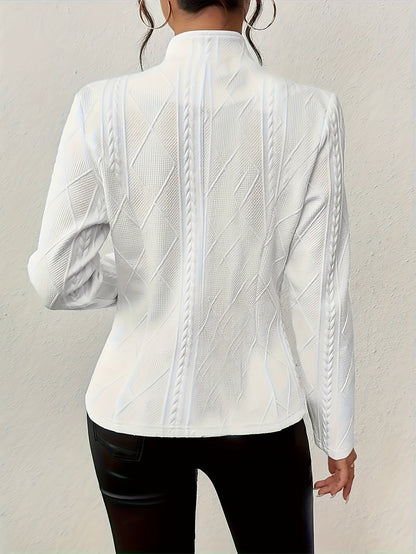 Elegant Cable Knit Cropped Jacket for Women with Stand Collar Long Sleeve Button Front Fitted Style