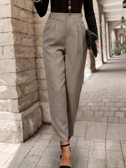 Elegant Houndstooth Chino Pants for Women with High Waist Pleated Tapered Ankle Style