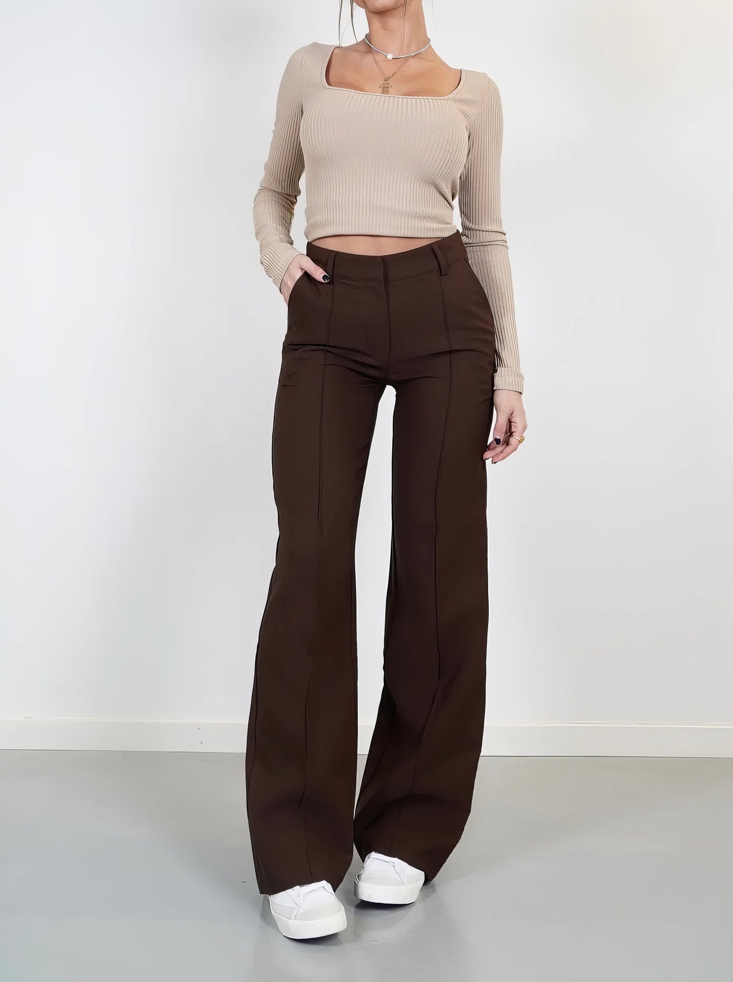 Elegant Tailored Wide Leg Pants for Women with High Waist Pintuck Front Pocket Relaxed Style