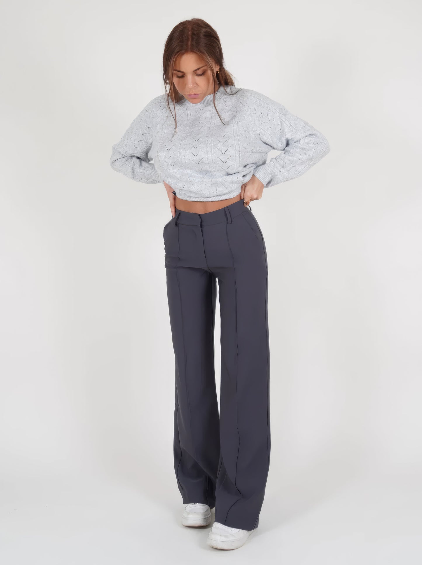 Elegant Tailored Wide Leg Pants for Women with High Waist Pocket Front Crease Relaxed Style
