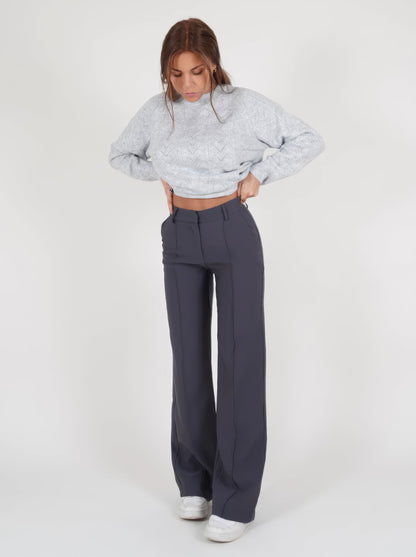 Elegant Tailored Wide Leg Pants for Women with High Waist Pocket Front Crease Relaxed Style