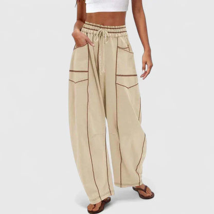 Effortless Khaki Cargo Wide Leg Pants for Women with High Waist Drawstring Patch Pocket Relaxed Style