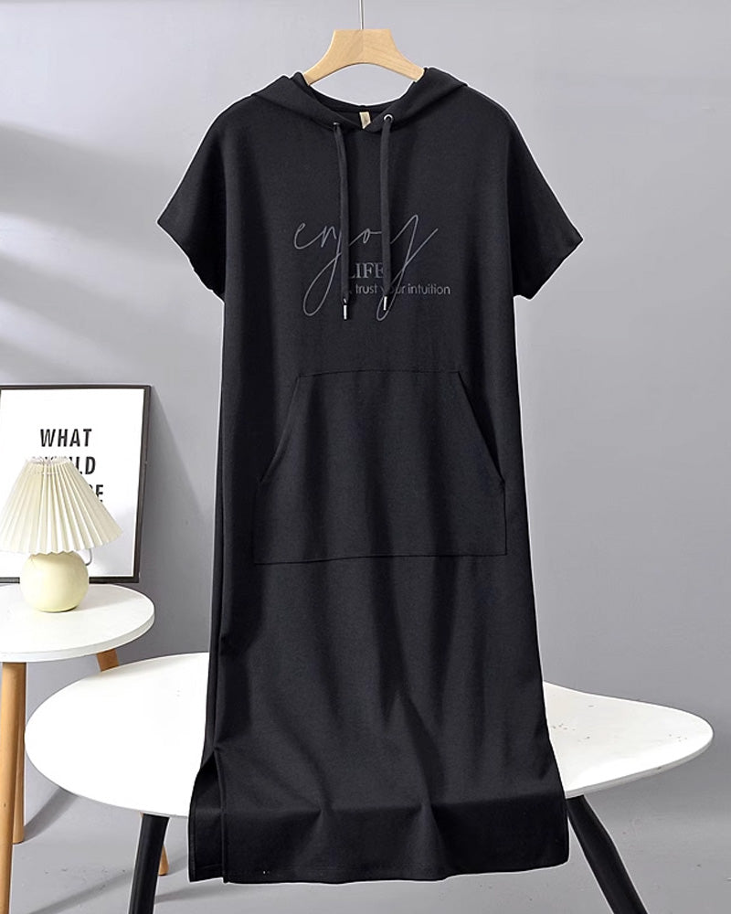 Comfortable Orange Hoodie Midi Dress for Women with Drawstring Hood Short Sleeve Kangaroo Pocket Relaxed Style