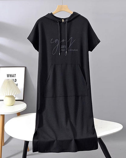 Comfortable Orange Hoodie Midi Dress for Women with Drawstring Hood Short Sleeve Kangaroo Pocket Relaxed Style