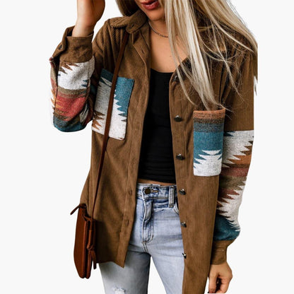 Effortless Brown Corduroy Shacket for Women with Spread Collar Long Sleeve Aztec Panel Oversized Style