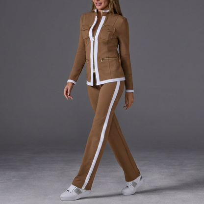Stylish Two Piece Set for Women with Stand Collar Long Sleeve Zip Up Side Stripe Athleisure Style