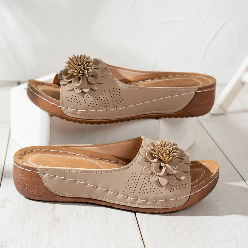 Comfortable Orthopedic Sandals for Women with Flower Detail Perforated Upper Wedge Platform Slip On Casual Style