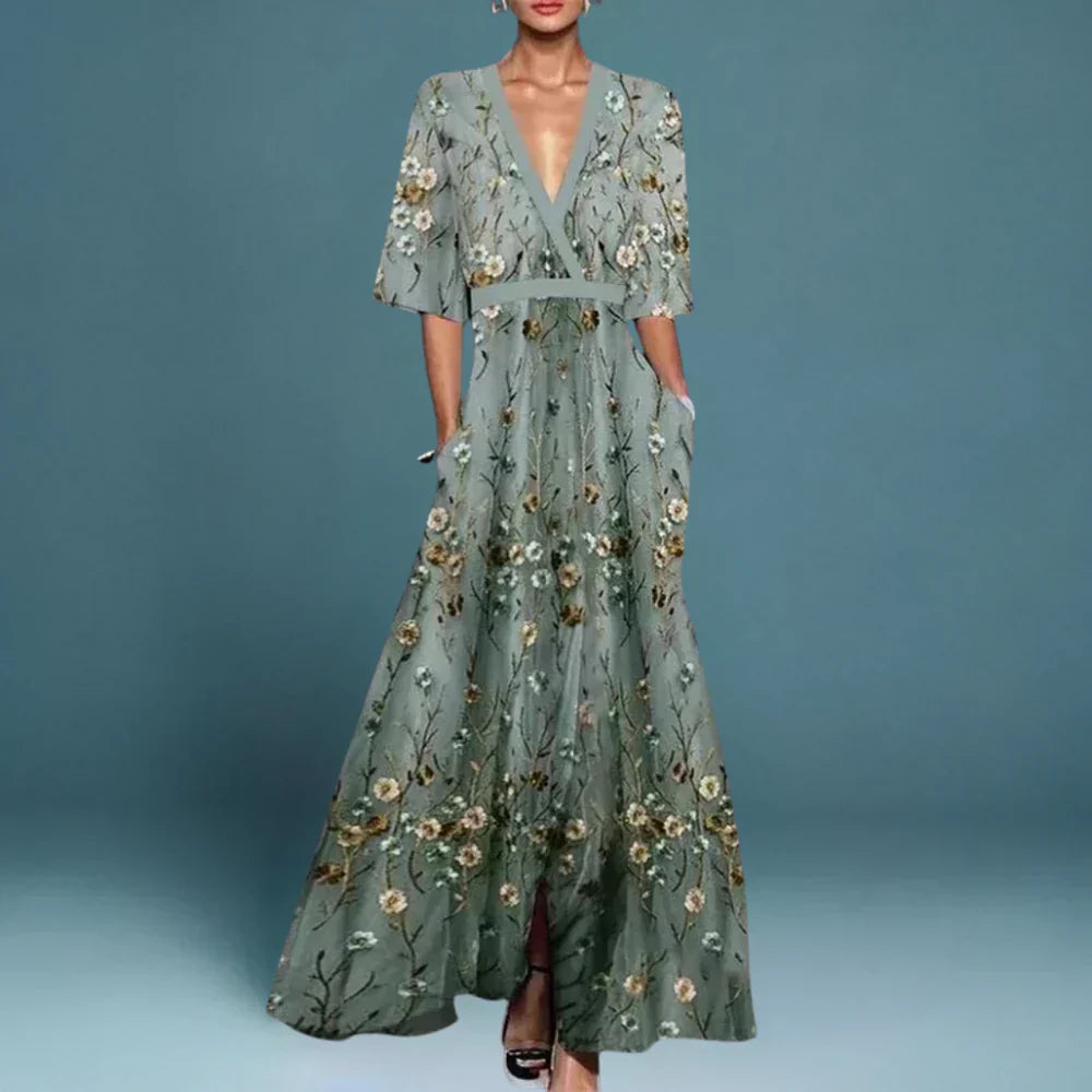Elegant Floral Maxi Dress for Women with V Neck Flutter Sleeve Embroidered Side Slit Formal Style