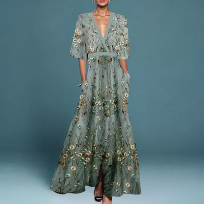 Elegant Floral Maxi Dress for Women with V Neck Flutter Sleeve Embroidered Side Slit Formal Style