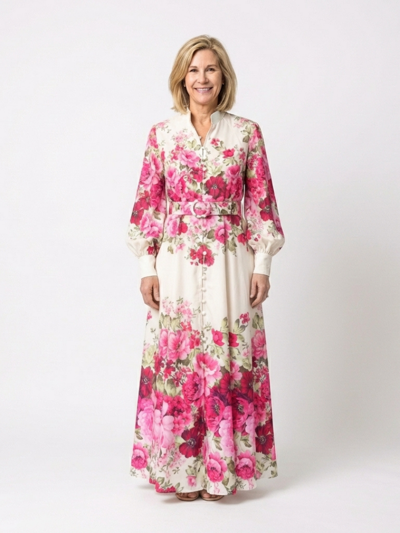 Elegant Pink Floral Autumn Wedding Guest Dress for Women with Mandarin Collar Long Sleeve Belted Maxi Style