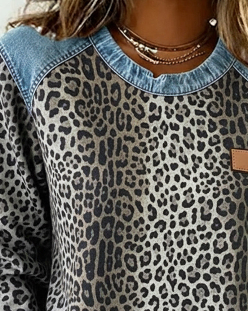 Comfortable Leopard Print Sweatshirt for Women with Crew Neck Long Sleeve Denim Colorblock Relaxed Style