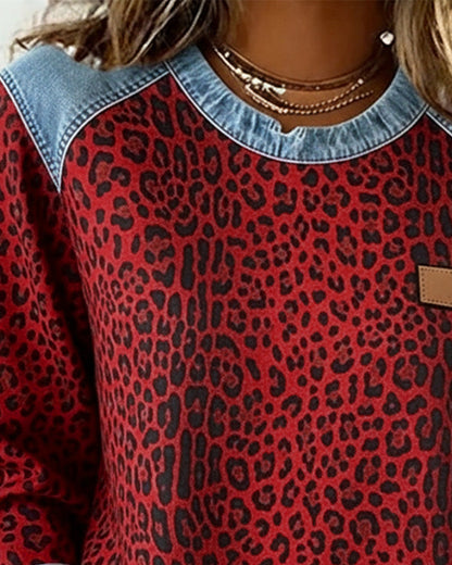Comfortable Leopard Print Sweatshirt for Women with Crew Neck Long Sleeve Denim Colorblock Relaxed Style