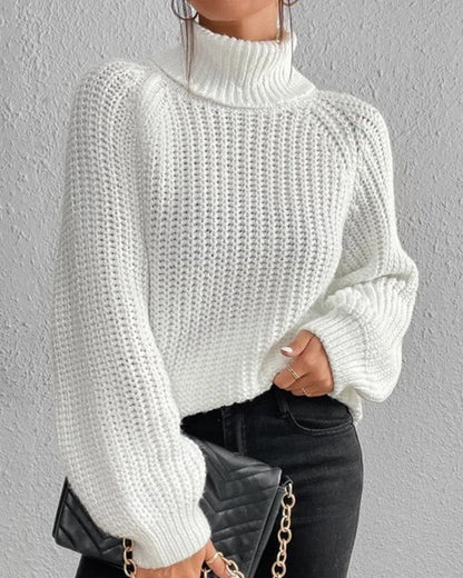 Cozy White Turtleneck Sweater for Women with Long Sleeve Chunky Ribbed Knit Relaxed Style
