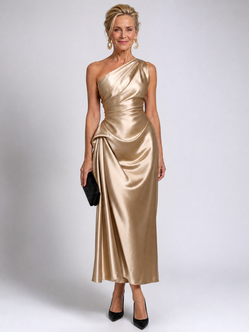 Elegant Satin Midi Dress for Women with One Shoulder Draped Ruched Waist Formal Wedding Guest Style
