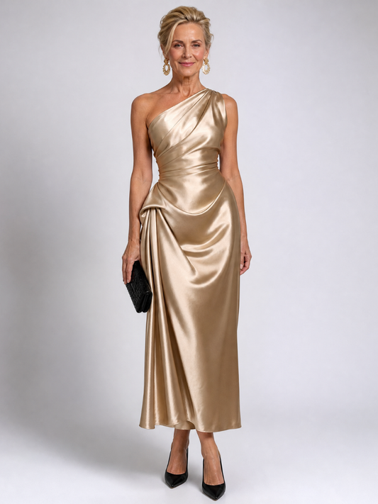 Elegant Satin Midi Dress for Women with One Shoulder Draped Ruched Waist Formal Wedding Guest Style