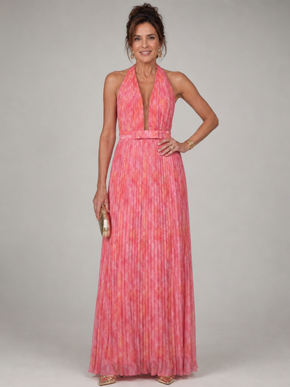 Elegant Pink Dress for Women with Halter Neck Deep V Pleated Belted Wedding Guest Style