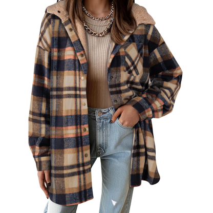 Cozy Plaid Shacket for Women with Hooded Collar Long Sleeve Flannel Button Front Oversized Style