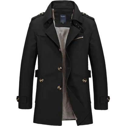 Classic Trench Coat for Men with Notch Lapel Long Sleeve Single Breasted Mid Length Style