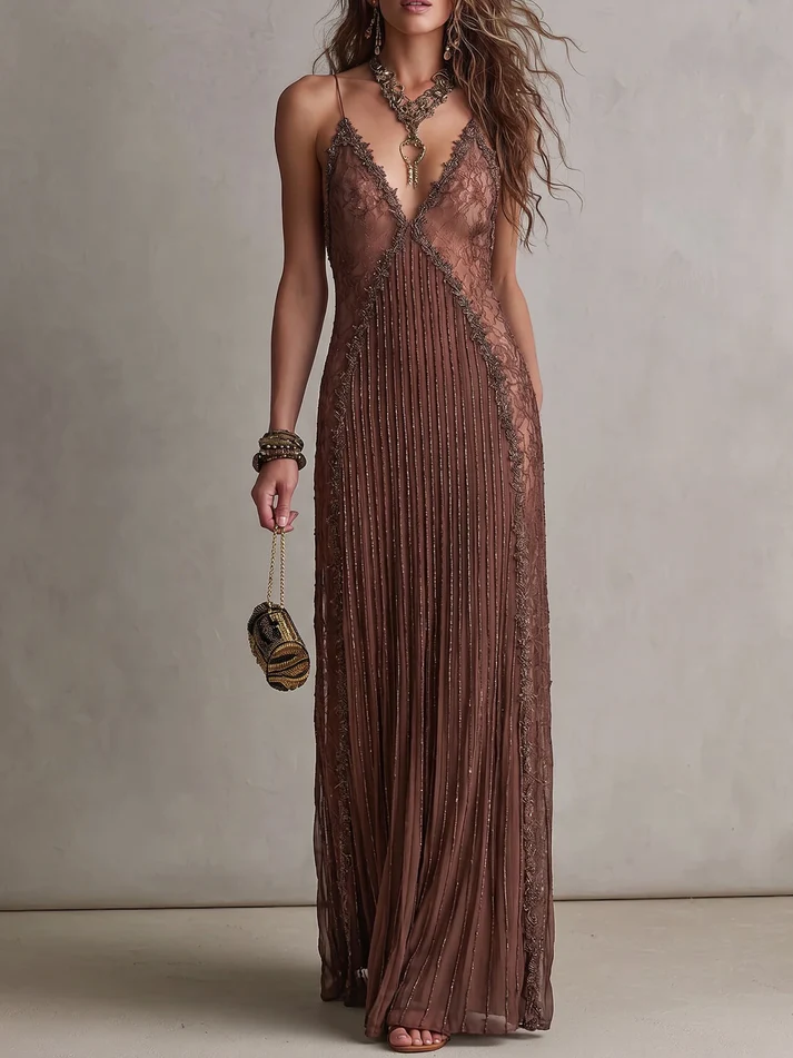 Elegant Brown Lace Maxi Dress for Women with Deep V Neck Spaghetti Strap Pleated Slip Style