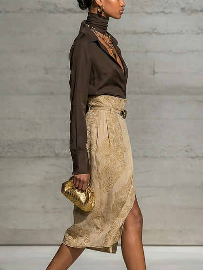Effortless Two Piece Set for Women with Button Up Blouse Belted Wrap Midi Skirt Business Casual Style
