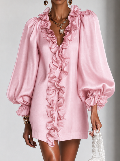 Elegant Pink Satin Cocktail Dress for Women with V Neck Balloon Sleeve Ruffle Trim Mini Style