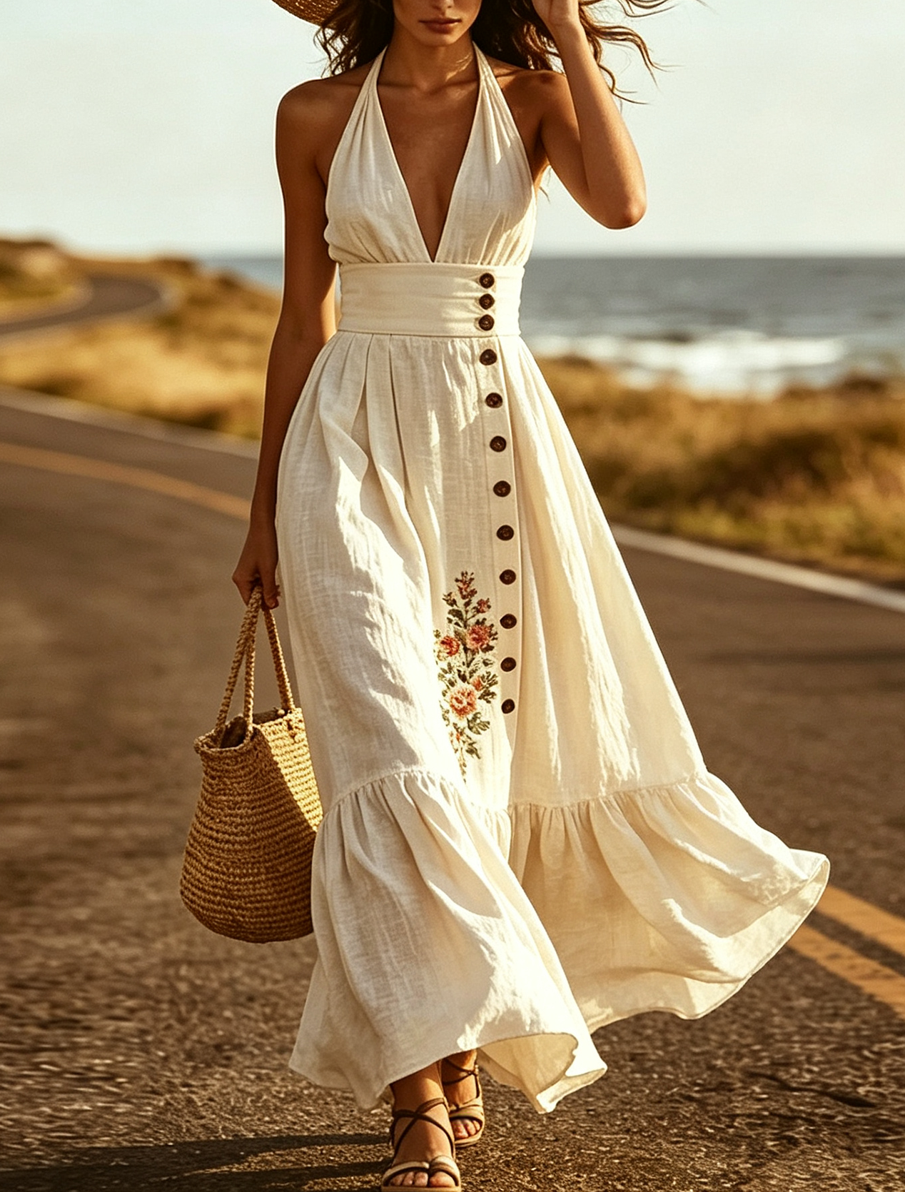 Elegant Beige Halter Maxi Dress for Women with Floral Embroidery Boho Sundress