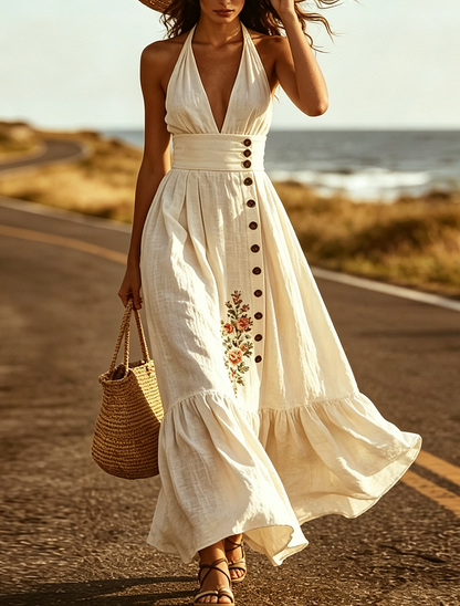 Elegant Beige Halter Maxi Dress for Women with Floral Embroidery Boho Sundress