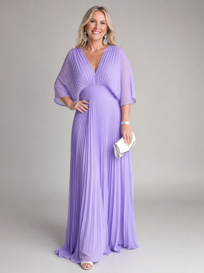 Elegant Purple Dress for Women with V Neck Flutter Sleeve Pleated Flowing Wedding Guest Style