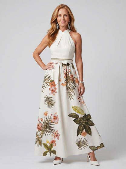 Elegant White Tropical Floral Maxi Dress for Women with Halter Neck Tie Waist Flowing Style