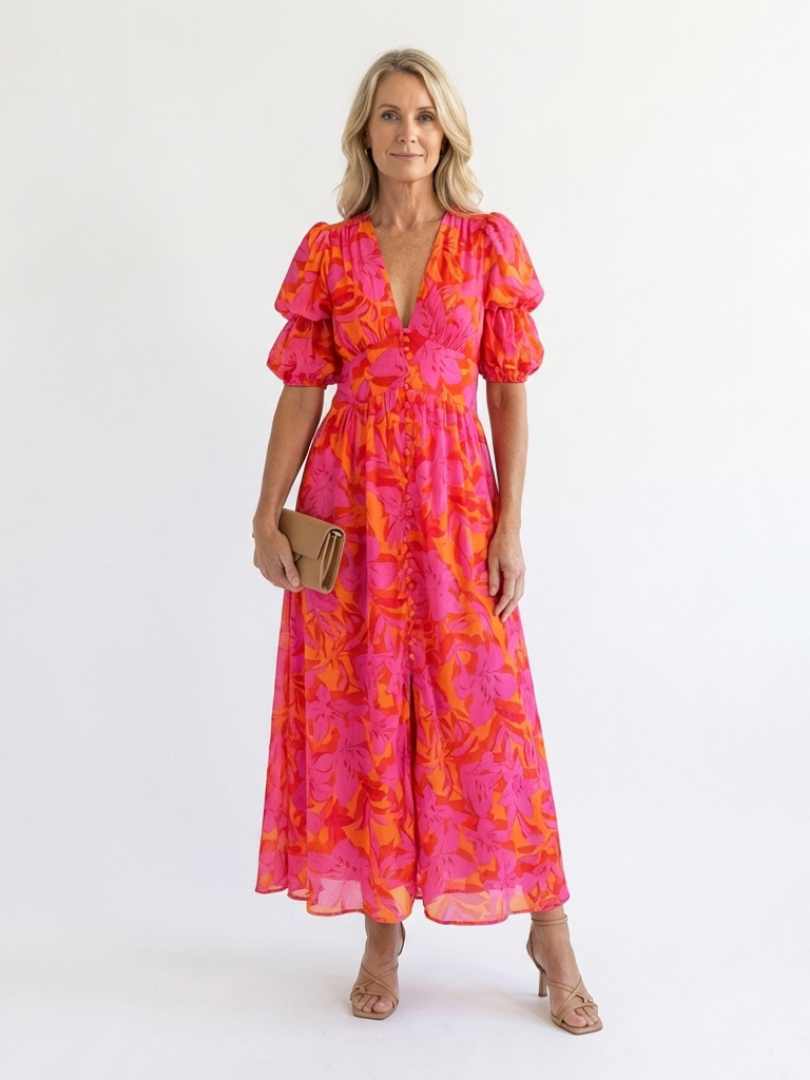 Elegant Pink Orange Floral Fall Wedding Guest Dress for Women with V Neck Puff Sleeve Button Front Flowing Style