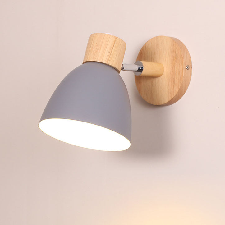 Macaron Wall Lamp Wood Metal Adjustable Shade Pull-Chain Nordic Bedside Sconce Wall Light