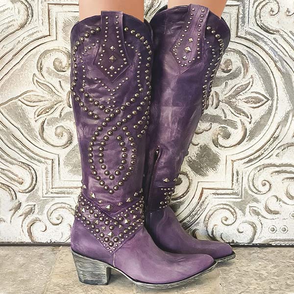 Stylish Cowgirl Boots for Women with Studded Embroidered Pointed Toe Chunky Heel Western Style