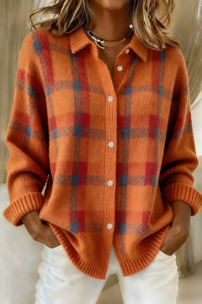 Comfortable Plaid Cardigan for Women with Collar Long Sleeve Button Front Oversized Knit Style