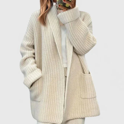 Cozy Cream Longline Cardigan for Women with Open Front Chunky Knit Pockets Relaxed Style