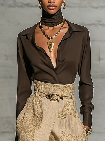 Effortless Two Piece Set for Women with Button Up Blouse Belted Wrap Midi Skirt Business Casual Style