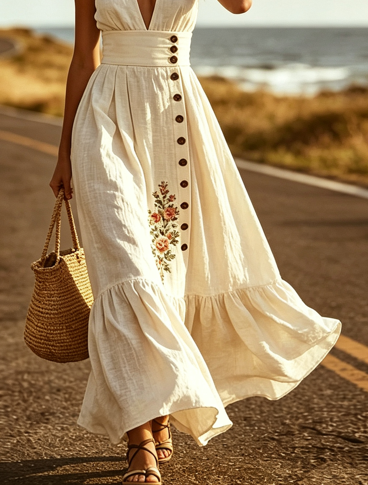Elegant Beige Halter Maxi Dress for Women with Floral Embroidery Boho Sundress