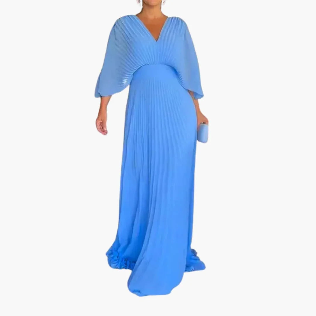 Elegant Pleated Fall Wedding Guest Dress for Women with V Neck Bell Sleeve Maxi Flowing Style